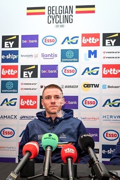 Belgian Remco Evenepoel is pictured during a press conference ahead of the cycling European Championships, in Ljubljana, Slovenia, Friday 2 October 2026. The UEC road championships are taking place from 03 to 07 October