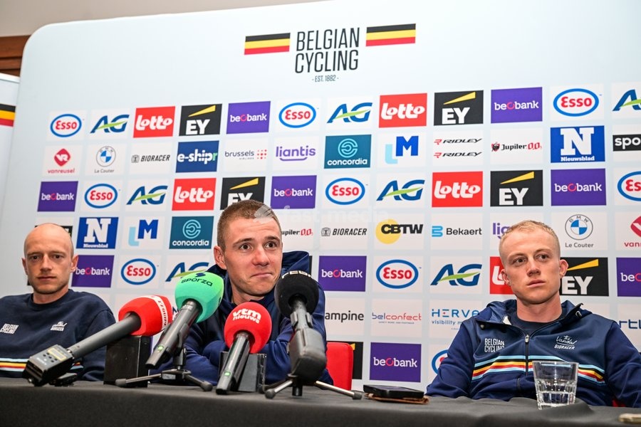 Belgian Rune Herregodts; Belgian Remco Evenepoel and Belgian Maxim Van Gils are pictured during a press conference ahead of the cycling European Championships, in Ljubljana, Slovenia, Friday 2 October 2026. The UEC road championships are taking place from 03 to 07 October