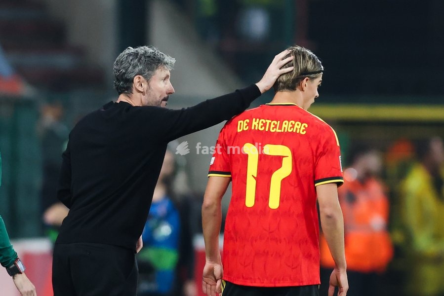 Belgium's head coach Mark van Bommel and Belgium's Charles De Ketelaere pictured during a soccer game between Belgian national team Red Devils and Turkey, on Friday 2 October 2026 in Liege, the third game of the UEFA Nations League group stage