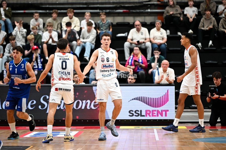 Limburg's Tom Di Maria and Limburg's Achile Spodane pictured during a basketball match between Limburg United and Kangoeroes Mechelen, Friday 2 October 2026, in Hasselt, on the first game in Belgium of the 'BNXT League' Belgian/ Dutch first division basket championship 2026-2027