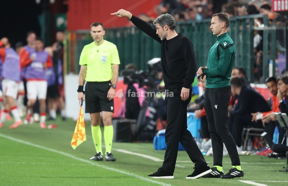Belgium's head coach Mark van Bommel gestures during pictured during a soccer game between Belgian national team Red Devils and Turkey, on Friday 2 October 2026 in Liege, the third game of the UEFA Nations League group stage