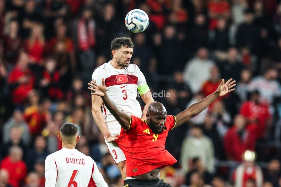Turkey' Merih Demiral and Belgium's Romelu Lukaku pictured during a soccer game between Belgian national team Red Devils and Turkey, on Friday 2 October 2026 in Liege, the third game of the UEFA Nations League group stage