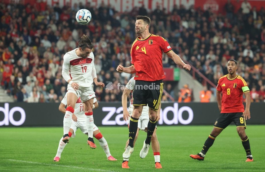 Belgium's Brandon Mechele fights for the ball during pictured during a soccer game between Belgian national team Red Devils and Turkey, on Friday 2 October 2026 in Liege, the third game of the UEFA Nations League group stage
