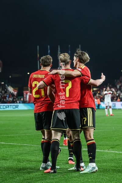 Belgium's Timothy Castagne; Belgium's Kevin De Bruyne and Belgium's Charles De Ketelaere pictured during a soccer game between Belgian national team Red Devils and Turkey, on Friday 2 October 2026 in Liege, the third game of the UEFA Nations League group stage