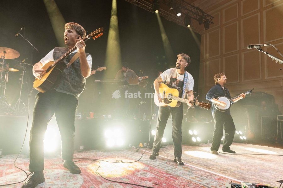 Ross McNerney, Robbie Cunningham and Oisin McCaffrey of Amble, performs live, at O2 City Hall, Newcastle, UK, on 2 October 2026