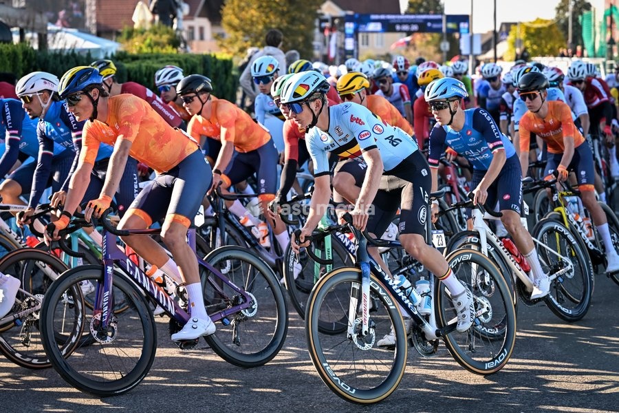 Belgium's Mathis Vandenheede is pictured in action during the Men juniors Road Race race (110,5 km) at the cycling UEC Road European Championships, in Ljubljana, Slovenia Saturday 3 October 2026. The UEC Road European Championships are taking place from 02 to 07 October in Ljubljana, Slovenia