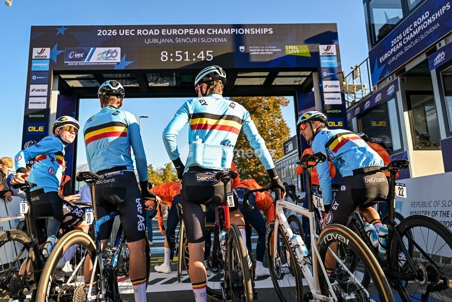 Belgium's Nand De Bois; Belgium's Vic De Smet; Belgium's Emil Siegers and Belgium's Sander Willems the Men juniors Road Race race (110,5 km) at the cycling UEC Road European Championships, in Ljubljana, Slovenia Saturday 3 October 2026. The UEC Road European Championships are taking place from 02…