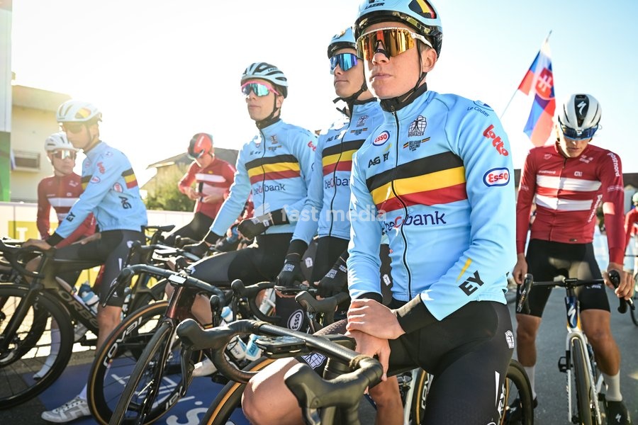 Belgium's Nand De Bois; Belgium's Vic De Smet; Belgium's Emil Siegers and Belgium's Sander Willems are pictured at the Men juniors Road Race race (110,5 km) at the cycling UEC Road European Championships, in Ljubljana, Slovenia Saturday 3 October 2026. The UEC Road European Championships are taking…