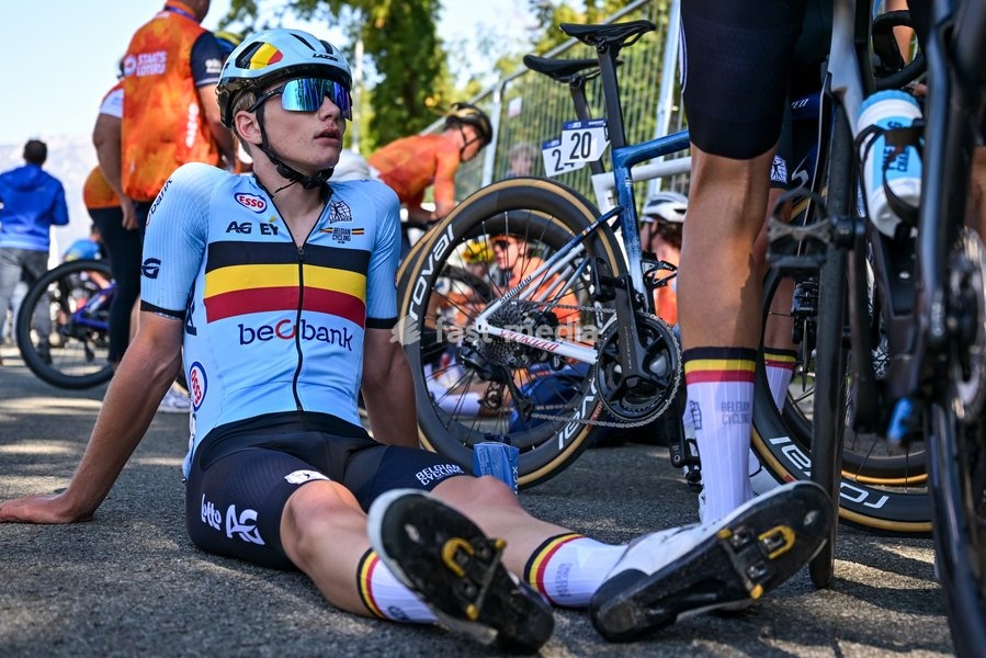 Belgium's Mathis Vandenheede looks dejected after the Men juniors Road Race race (110,5 km) at the cycling UEC Road European Championships, in Ljubljana, Slovenia Saturday 3 October 2026. The UEC Road European Championships are taking place from 02 to 07 October in Ljubljana, Slovenia