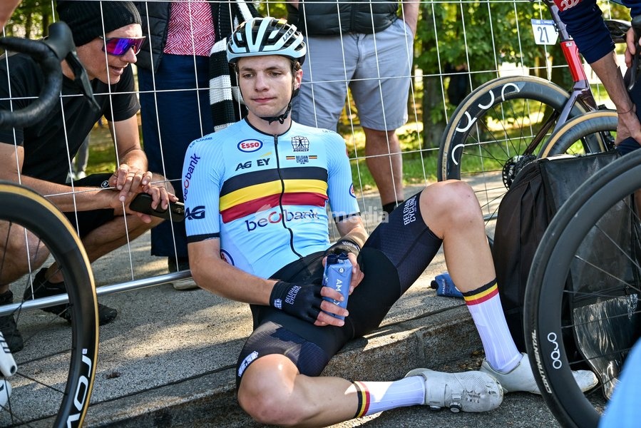 Belgium's Emil Siegers looks dejected after the Men juniors Road Race race (110,5 km) at the cycling UEC Road European Championships, in Ljubljana, Slovenia Saturday 3 October 2026. The UEC Road European Championships are taking place from 02 to 07 October in Ljubljana, Slovenia