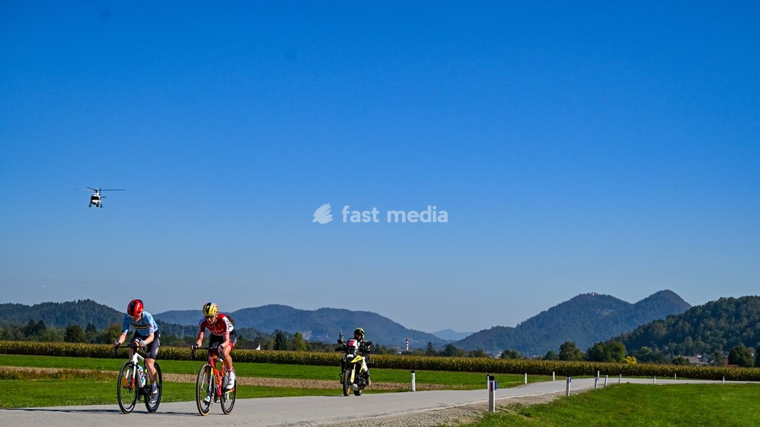 Belgium's Margot Vanpachtenbeke and Austria's Carina Schrempf are pictured in action during the elite women Road Race race (130 km) at the cycling UEC Road European Championships, in Ljubljana, Slovenia Saturday 3 October 2026. The UEC Road European Championships are taking place from 02 to 07…