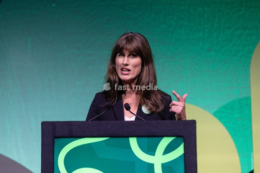 Green Party Co-Deputy Leader Rachel Millward delivers a speech at the Green Party Conference in Brighton, UK, on 3 October 2026