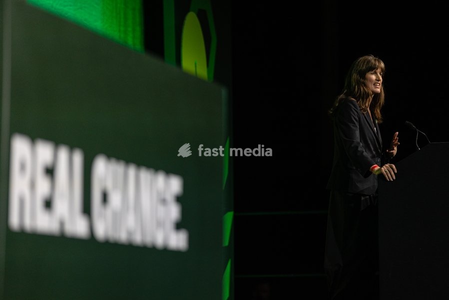 Green Party Co-Deputy Leader Rachel Millward delivers a speech at the Green Party Conference in Brighton, UK, on 3 October 2026