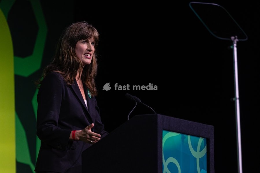 Green Party Co-Deputy Leader Rachel Millward delivers a speech at the Green Party Conference in Brighton, UK, on 3 October 2026