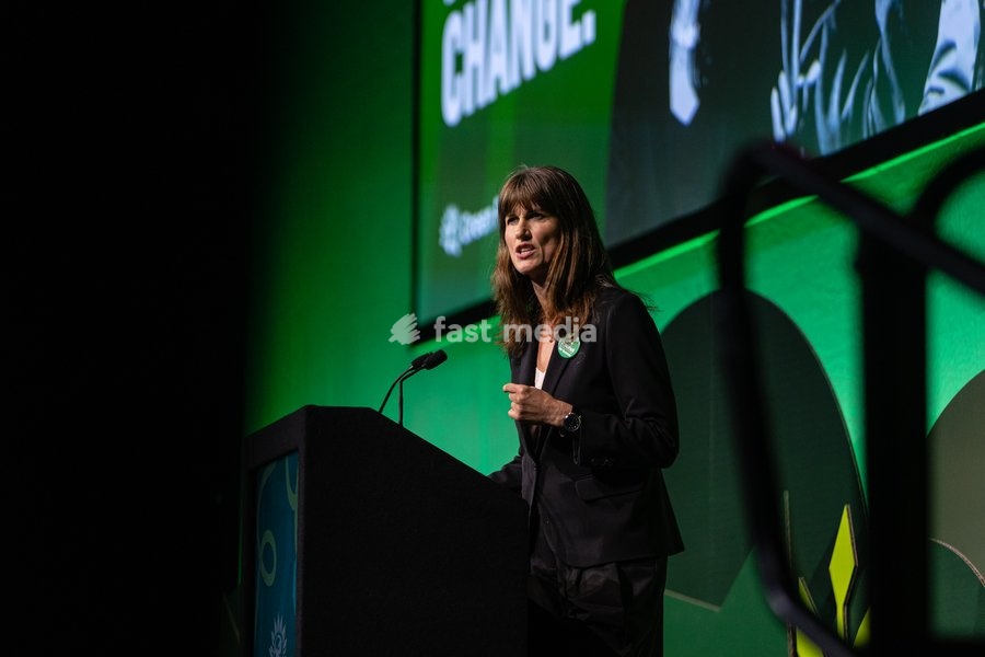 Green Party Co-Deputy Leader Rachel Millward delivers a speech at the Green Party Conference in Brighton, UK, on 3 October 2026