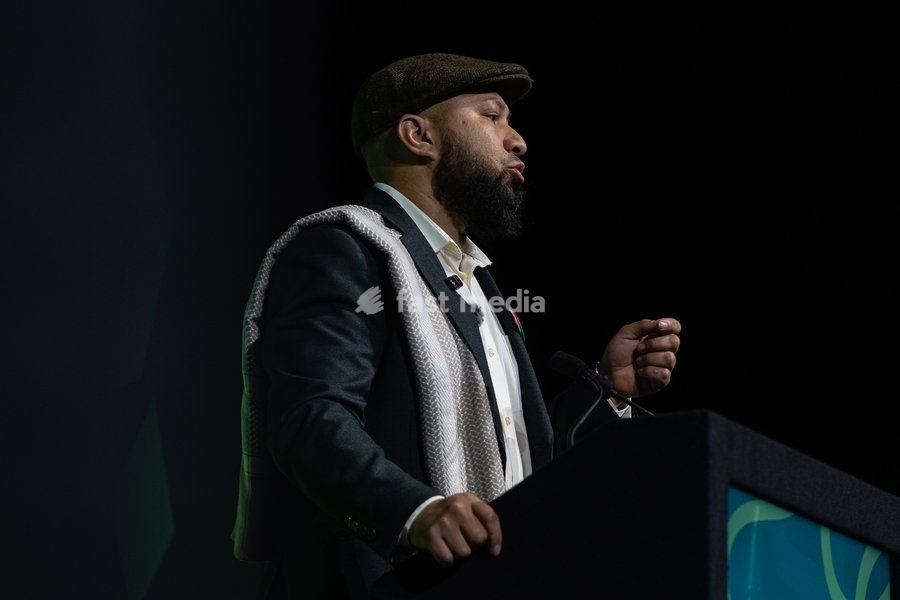 Green Party Co-Deputy Leader Mothin Ali delivers a speech at the Green Party Conference in Brighton, UK, on 3 October 2026