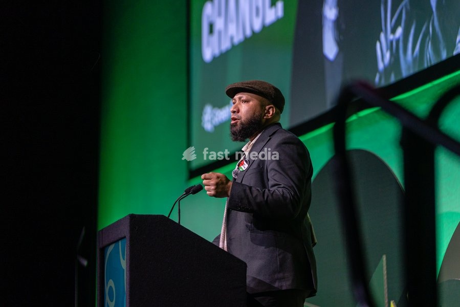 Green Party Co-Deputy Leader Mothin Ali delivers a speech at the Green Party Conference in Brighton, UK, on 3 October 2026
