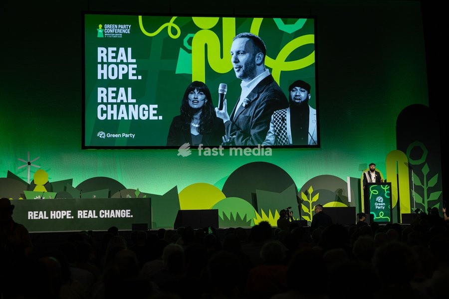 Green Party Co-Deputy Leader Mothin Ali delivers a speech at the Green Party Conference in Brighton, UK, on 3 October 2026