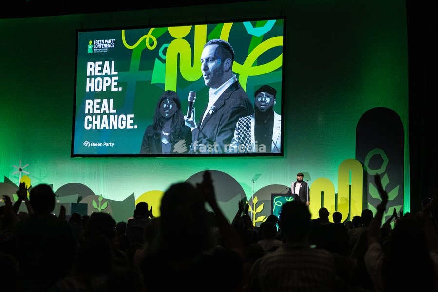 Green Party Co-Deputy Leader Mothin Ali delivers a speech at the Green Party Conference in Brighton, UK, on 3 October 2026