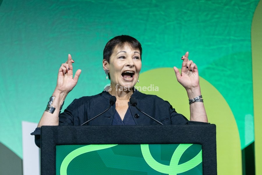 Former Green Party leader and MP Caroline Lucas introduces Green Party Co-Deputy Leader Rachel Millward on stage at the Green Party Conference in Brighton, UK, on 3 October 2026