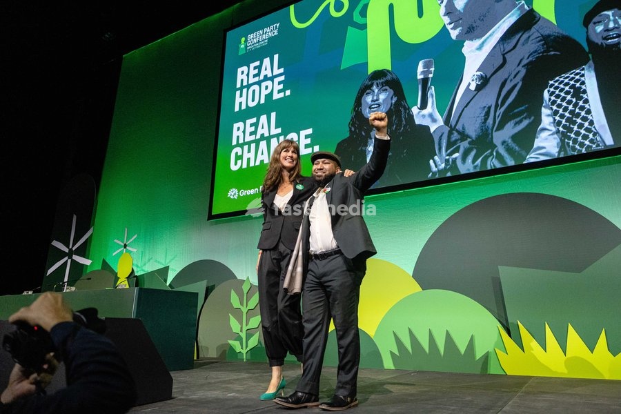 Green Party Co-Deputy Leaders Rachel Millward and Mothin Ali appear on stage together at the Green Party Conference in Brighton, UK, on 3 October 2026