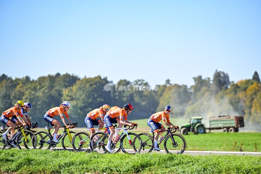 Dutch riders pictured in front of the peloton during the elite women Road Race race (130 km) at the cycling UEC Road European Championships, in Ljubljana, Slovenia Saturday 3 October 2026. The UEC Road European Championships are taking place from 02 to 07 October in Ljubljana, Slovenia