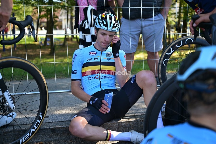 Belgium's Emil Siegers reacts after the Men juniors Road Race race (110,5 km) at the cycling UEC Road European Championships, in Ljubljana, Slovenia Saturday 3 October 2026. The UEC Road European Championships are taking place from 02 to 07 October in Ljubljana, Slovenia