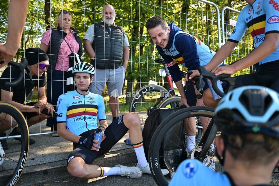 Belgium's Emil Siegers reacts after the Men juniors Road Race race (110,5 km) at the cycling UEC Road European Championships, in Ljubljana, Slovenia Saturday 3 October 2026. The UEC Road European Championships are taking place from 02 to 07 October in Ljubljana, Slovenia