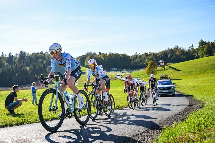 Belgium's Lotte Claes and Belgium's Sandrine Tas are pictured in action during the elite women Road Race race (130 km) at the cycling UEC Road European Championships, in Ljubljana, Slovenia Saturday 3 October 2026. The UEC Road European Championships are taking place from 02 to 07 October in…