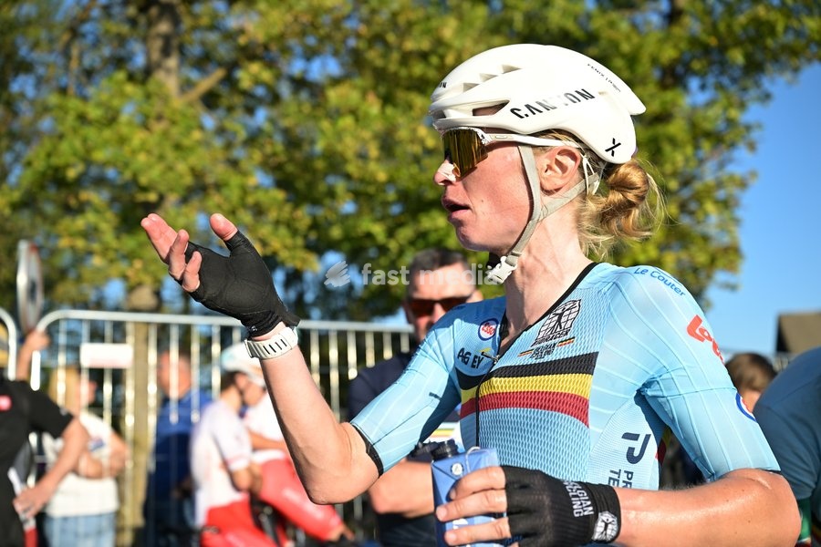 Belgium's Lotte Claes pictured after the elite women Road Race race (130 km) at the cycling UEC Road European Championships, in Ljubljana, Slovenia Saturday 3 October 2026. The UEC Road European Championships are taking place from 02 to 07 October in Ljubljana, Slovenia