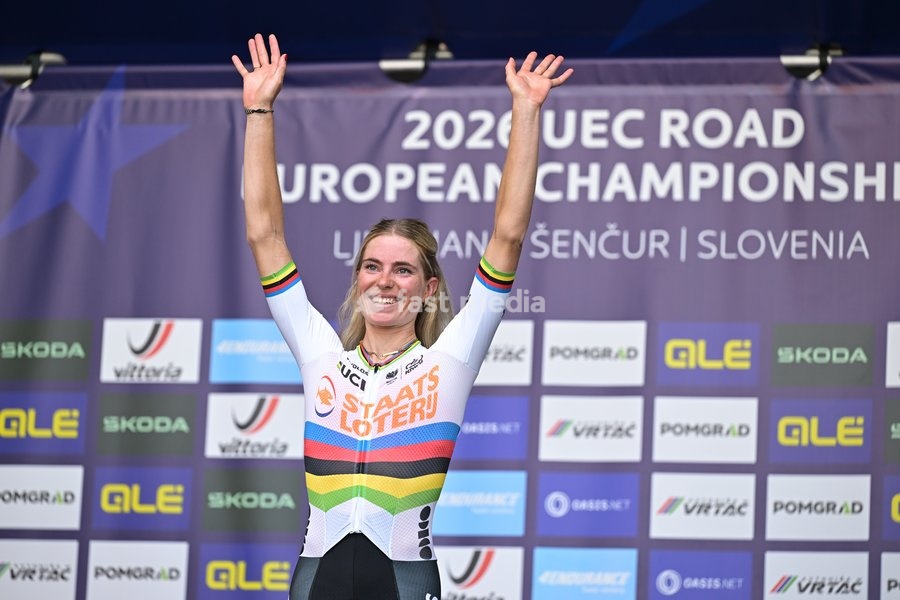 Netherlands' Demi Vollering celebrates on the podium as she won the elite women Road Race race (130 km) at the cycling UEC Road European Championships, in Ljubljana, Slovenia Saturday 3 October 2026. The UEC Road European Championships are taking place from 02 to 07 October in Ljubljana, Slovenia