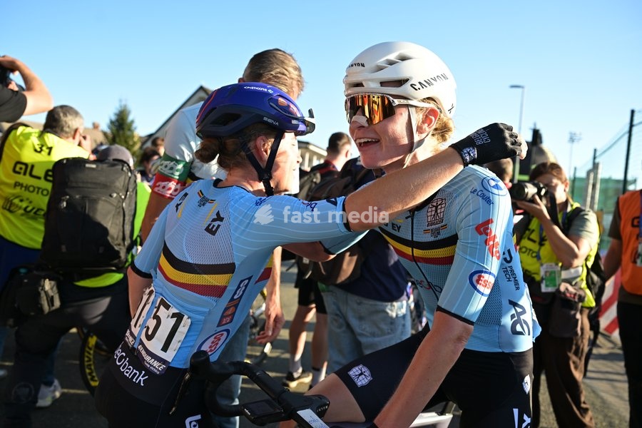 Belgium's Audrey De Keersmaeker and Belgium's Lotte Claes pictured after the elite women Road Race race (130 km) at the cycling UEC Road European Championships, in Ljubljana, Slovenia Saturday 3 October 2026. The UEC Road European Championships are taking place from 02 to 07 October in Ljubljana,…