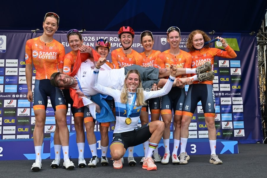 Netherlands' Demi Vollering celebrates on the podium with the Netherlands' team after winning the elite women Road Race race (130 km) at the cycling UEC Road European Championships, in Ljubljana, Slovenia Saturday 3 October 2026. The UEC Road European Championships are taking place from 02 to 07…