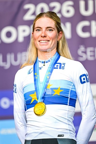 Dutch Demi Vollering , winner of the gold medal celebrates on the podium of the elite women Road Race race (130 km) at the cycling UEC Road European Championships, in Ljubljana, Slovenia Saturday 3 October 2026. The UEC Road European Championships are taking place from 02 to 07 October in…