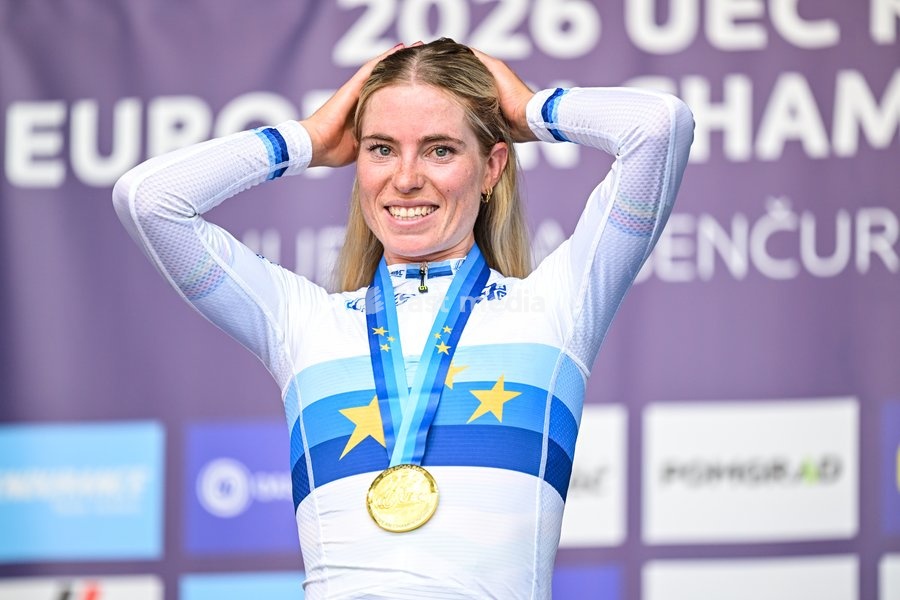 Dutch Demi Vollering , winner of the gold medal celebrates on the podium of the elite women Road Race race (130 km) at the cycling UEC Road European Championships, in Ljubljana, Slovenia Saturday 3 October 2026. The UEC Road European Championships are taking place from 02 to 07 October in…
