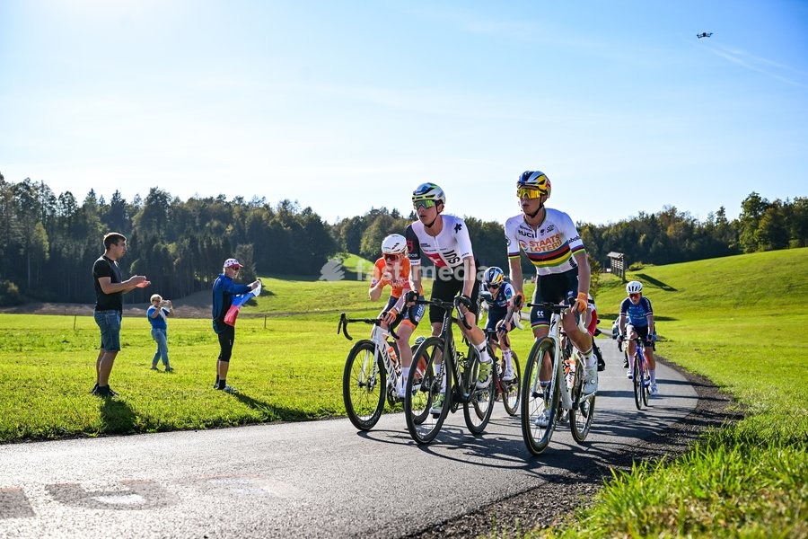 Switzerland's Marlen Reusser and Netherlands' Demi Vollering are pictured in action during the elite women Road Race race (130 km) at the cycling UEC Road European Championships, in Ljubljana, Slovenia Saturday 3 October 2026. The UEC Road European Championships are taking place from 02 to 07…