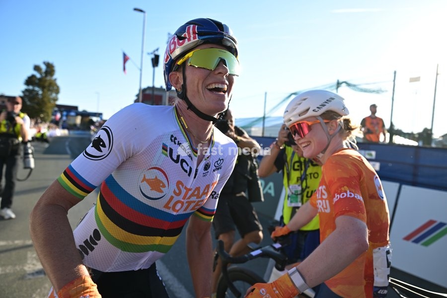 Netherlands' Demi Vollering celebrates with team-mate after winning the elite women Road Race race (130 km) at the cycling UEC Road European Championships, in Ljubljana, Slovenia Saturday 3 October 2026. The UEC Road European Championships are taking place from 02 to 07 October in Ljubljana,…