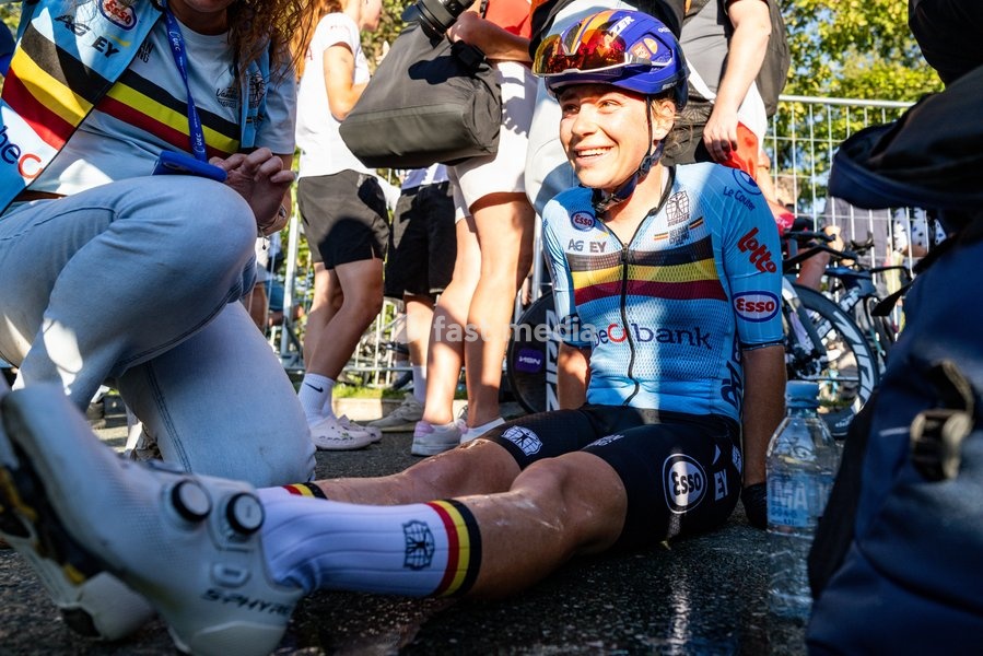 Belgium's Audrey De Keersmaeker is pictured after the elite women Road Race race (130 km) at the cycling UEC Road European Championships, in Ljubljana, Slovenia Saturday 3 October 2026. The UEC Road European Championships are taking place from 02 to 07 October in Ljubljana, Slovenia