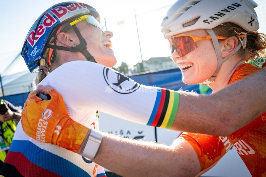 Netherlands' Demi Vollering and Netherlands' Puck Pieterse celebrates after the elite women Road Race race (130 km) at the cycling UEC Road European Championships, in Ljubljana, Slovenia Saturday 3 October 2026. The UEC Road European Championships are taking place from 02 to 07 October in…