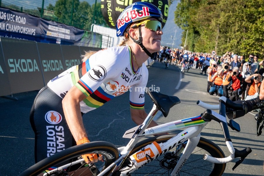 Netherlands' Demi Vollering celebrates after winning the elite women Road Race race (130 km) at the cycling UEC Road European Championships, in Ljubljana, Slovenia Saturday 3 October 2026. The UEC Road European Championships are taking place from 02 to 07 October in Ljubljana, Slovenia