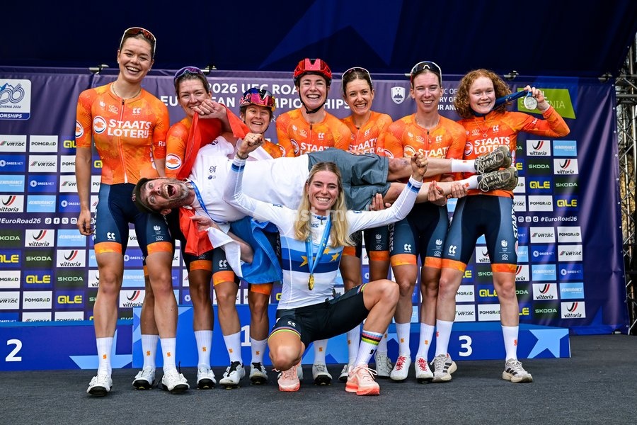 Netherlands' Demi Vollering celebrates with the Dutch team on the podium after winning the elite women Road Race race (130 km) at the cycling UEC Road European Championships, in Ljubljana, Slovenia Saturday 3 October 2026. The UEC Road European Championships are taking place from 02 to 07 October…