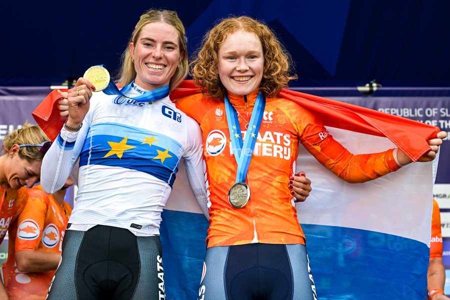 Netherlands' Demi Vollering and Netherlands' Puck Pieterse celebrates after the elite women Road Race race (130 km) at the cycling UEC Road European Championships, in Ljubljana, Slovenia Saturday 3 October 2026. The UEC Road European Championships are taking place from 02 to 07 October in…