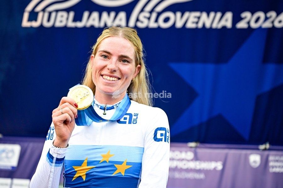 Netherlands' Demi Vollering celebrates after winning the elite women Road Race race (130 km) at the cycling UEC Road European Championships, in Ljubljana, Slovenia Saturday 3 October 2026. The UEC Road European Championships are taking place from 02 to 07 October in Ljubljana, Slovenia