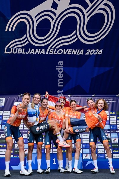 Netherlands' Demi Vollering celebrates with the Dutch team on the podium after winning the elite women Road Race race (130 km) at the cycling UEC Road European Championships, in Ljubljana, Slovenia Saturday 3 October 2026. The UEC Road European Championships are taking place from 02 to 07 October…