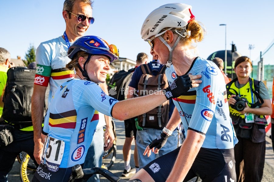 Belgium's Audrey De Keersmaeker and Belgium's Lotte Claes are pictured after the elite women Road Race race (130 km) at the cycling UEC Road European Championships, in Ljubljana, Slovenia Saturday 3 October 2026. The UEC Road European Championships are taking place from 02 to 07 October in…