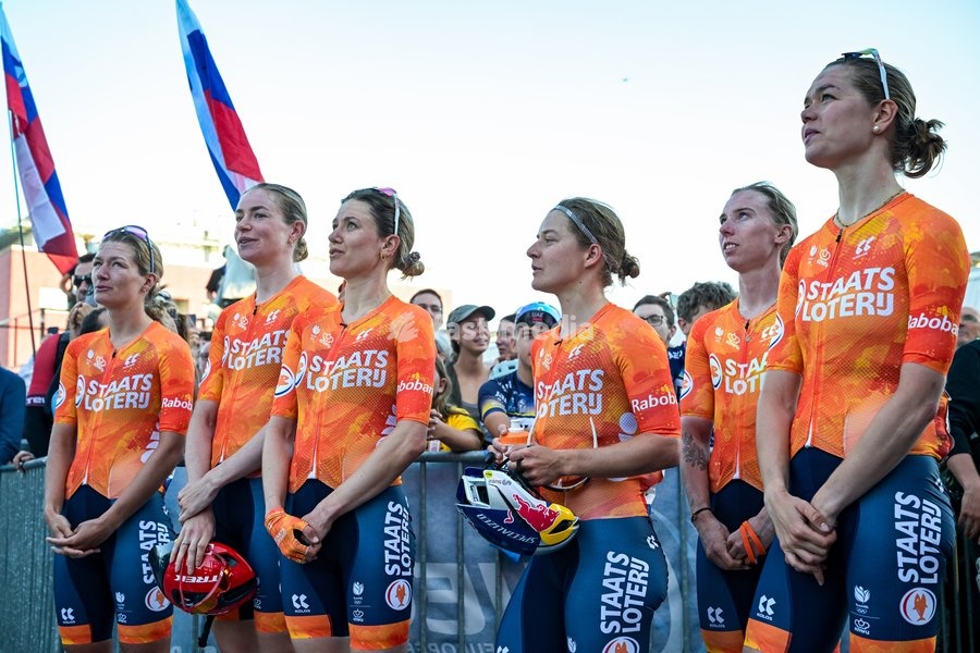 Netherlands' Demi Vollering celebrates with the Dutch team on the podium after winning the elite women Road Race race (130 km) at the cycling UEC Road European Championships, in Ljubljana, Slovenia Saturday 3 October 2026. The UEC Road European Championships are taking place from 02 to 07 October…