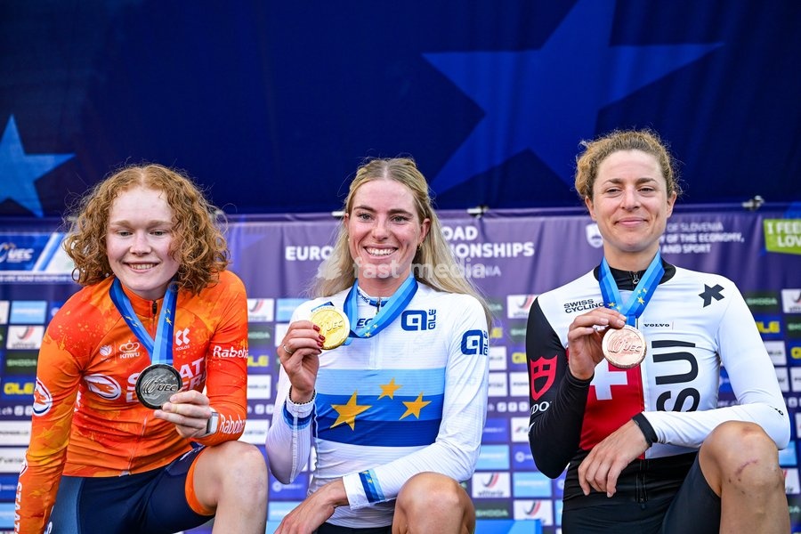Netherlands' Puck Pieterse; Netherlands' Demi Vollering and Switzerland's Marlen Reusser pictured on the podium after the elite women Road Race race (130 km) at the cycling UEC Road European Championships, in Ljubljana, Slovenia Saturday 3 October 2026. The UEC Road European Championships are…