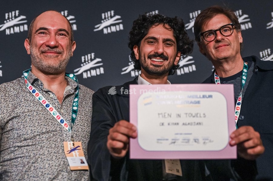 Winners of the 'Short film' award Kiyan Agadjani and two unidentified actors pictured during the closing night of the 41st edition of FIFF Festival International du Film Francophone de Namur (Namur International French-speaking Film Festival) (30/09-04/10), Saturday 3 October 2026 in Namur