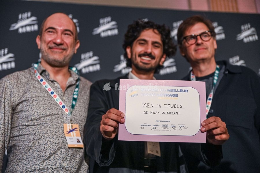Winners of the 'Short film' award Kiyan Agadjani and two unidentified actors pictured during the closing night of the 41st edition of FIFF Festival International du Film Francophone de Namur (Namur International French-speaking Film Festival) (30/09-04/10), Saturday 3 October 2026 in Namur