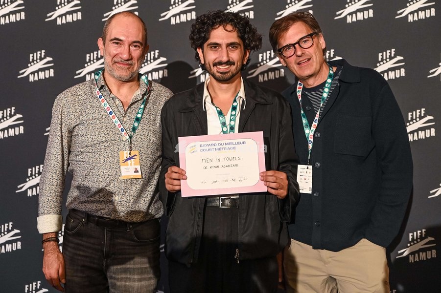 Winners of the 'Short film' award Kiyan Agadjani and two unidentified actors pictured during the closing night of the 41st edition of FIFF Festival International du Film Francophone de Namur (Namur International French-speaking Film Festival) (30/09-04/10), Saturday 3 October 2026 in Namur
